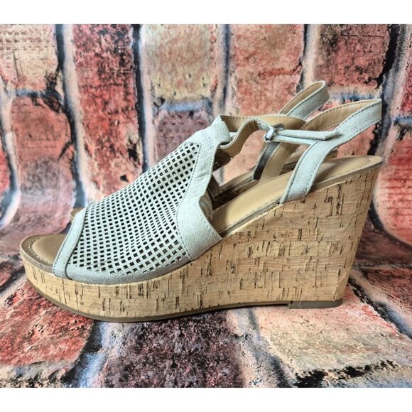 Franco Sarto Cork Platform Wedge Sling Back Sandal Taupe Size 10 Mesh Faux Suede - Picture 8 of 14